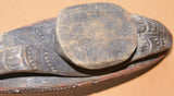 BETEL HABIT PARAPHERNALIA: UNIQUE RARE OLDER POLYCHROME COASTAL RAMU RIVER BETEL MORTAR, HAND CARVED, UNUSUAL CANOE SHAPED WITH BASE, COLOR PIGMENTS, NICE PATINA, COLLECTED IN THE FIELD, NEW GUINEA, MID 20TH CENTURY. 8” LONG