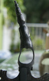 VINTAGE  HAND CARVED ETHNIC TRIBAL BUFFALO HORN CEREMONIAL HAIR COMB ORNAMENT WITH DISPLAY STAND,  VERY LARGE WITH CARVING OF FEMALE & ROOSTER, USED DURING FESTIVITIES, RITES OF PASSAGE AND SUCH, COLLECTED ON THE PREMISES, LATE 20TH CENTURY,  INDONESIA
