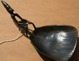 HAND CARVED ETHNIC TRIBAL BUFFALO HORN LIME SCOOP, LARGE  SPOON USED DURING FESTIVITIES, RITES OF PASSAGE ETC... COLLECTED ON THE PREMISES IN THE LATE 20TH CENTURY, INDONESIA, ITEM 250C 8” X 4 1/2” PROTECTIVE ANCESTOR HANDLE. BETEL NUT PARAPHERNALIA.