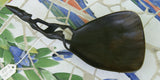 HAND CARVED ETHNIC TRIBAL BUFFALO HORN LIME SCOOP, LARGE  SPOON USED DURING FESTIVITIES, RITES OF PASSAGE ETC... COLLECTED ON THE PREMISES IN THE LATE 20TH CENTURY, INDONESIA, ITEM 250C 8” X 4 1/2” PROTECTIVE ANCESTOR HANDLE. BETEL NUT PARAPHERNALIA.