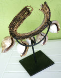 Rare Antique Luba Ceremonial Albino Cowrie Shell, Nassa, Rattan Necklace from the Ngada Tribe, Flores Island, Indonesia. 1960's Jai Dance Ornement with Black Display Stand. FLO1