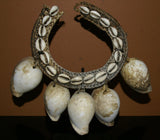 Rare Antique Luba Ceremonial Albino Cowrie Shell, Nassa, Rattan Necklace from the Ngada Tribe, Flores Island, Indonesia. 1960's Jai Dance Ornement with Black Display Stand. FLO1