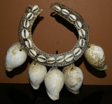 Rare Antique Luba Ceremonial Albino Cowrie Shell, Nassa, Rattan Necklace from the Ngada Tribe, Flores Island, Indonesia. 1960's Jai Dance Ornement with Black Display Stand. FLO1