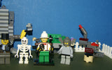 CUSTOM LEGO SET (154 PCS)  ADVENTURERS  ORIENT EXPEDITION YEAR 2003, 6 CUSTOM  BUILDS 4 RARE RETIRED MINIFIGURES:  LORD SAM SINISTER DR. CHARLES LIGHTNING SKELETON GREY GUARD + HELMET BENCH CRANE, 2 WORK TABLES TREASURE CHEST FENCES STOOL ETC.. KIT 71