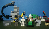 CUSTOM LEGO SET (154 PCS)  ADVENTURERS  ORIENT EXPEDITION YEAR 2003, 6 CUSTOM  BUILDS 4 RARE RETIRED MINIFIGURES:  LORD SAM SINISTER DR. CHARLES LIGHTNING SKELETON GREY GUARD + HELMET BENCH CRANE, 2 WORK TABLES TREASURE CHEST FENCES STOOL ETC.. KIT 71
