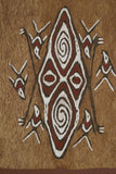 Rare Tapa Bark Cloth (Kapa in Hawaii), from Lake Sentani, Irian Jaya, Papua New Guinea. Hand painted by a Tribal Artist with natural pigments: Spiritual Stylized Motifs of shields with eyes & fish. 21" x 17" (no 28)