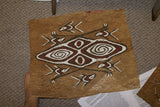 Rare Tapa Bark Cloth (Kapa in Hawaii), from Lake Sentani, Irian Jaya, Papua New Guinea. Hand painted by a Tribal Artist with natural pigments: Spiritual Stylized Motifs of shields with eyes & fish. 21" x 17" (no 28)
