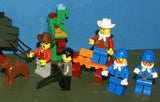 9 NOW RARE WESTERN COWBOYS RETIRED MINIFIGURES FROM KIT 6755 (1996) IN GOOD CONDITION, D0G, 12 CUSTOM BUILDS, PINE TREES, THRONE, ATTACK TRACTOR, PADDLE BOAT, ROBOT, FOOD STAND, BENCH, PULPIT ETC.. TOTAL PIECES: 265 PCS. KIT No 75