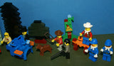 9 NOW RARE WESTERN COWBOYS RETIRED MINIFIGURES FROM KIT 6755 (1996) IN GOOD CONDITION, D0G, 12 CUSTOM BUILDS, PINE TREES, THRONE, ATTACK TRACTOR, PADDLE BOAT, ROBOT, FOOD STAND, BENCH, PULPIT ETC.. TOTAL PIECES: 265 PCS. KIT No 75