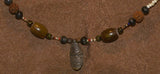 Unique Vintage Hand crafted Ethnic Amber & Glass Trade Beads, Rudhaccha Seeds Necklace with Buffalo Bone Hand Carved Pendant of Protective Ancestor Effigy for Good Luck, Health & Prosperity, Borneo Kalimantan, Indonesia NECK19 + 1 Coconut necklace.