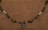 Unique Vintage Hand crafted Ethnic Amber & Glass Trade Beads, Rudhaccha Seeds Necklace with Buffalo Bone Hand Carved Pendant of Protective Ancestor Effigy for Good Luck, Health & Prosperity, Borneo Kalimantan, Indonesia NECK19 + 1 Coconut necklace.