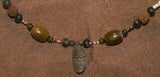 Unique Vintage Hand crafted Ethnic Amber & Glass Trade Beads, Rudhaccha Seeds Necklace with Buffalo Bone Hand Carved Pendant of Protective Ancestor Effigy for Good Luck, Health & Prosperity, Borneo Kalimantan, Indonesia NECK19 + 1 Coconut necklace.