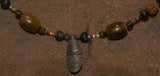 Unique Vintage Hand crafted Ethnic Amber & Glass Trade Beads, Rudhaccha Seeds Necklace with Buffalo Bone Hand Carved Pendant of Protective Ancestor Effigy for Good Luck, Health & Prosperity, Borneo Kalimantan, Indonesia NECK19 + 1 Coconut necklace.