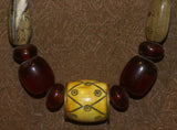 Rare Tribal Ethnic Dayak Iban Tribe Talisman Necklace: Antique Hand Crafted Magical Lukut Sekala , Old Trade Glass Beads, Amber beads, Buffalo Bone Hand Etched Beads, Shells, Chinese Coins, collected in 1980’s Borneo Aristocrat Owner, Indonesia. NB4