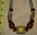 Rare Tribal Ethnic Dayak Iban Tribe Talisman Necklace: Antique Hand Crafted Magical Lukut Sekala , Old Trade Glass Beads, Amber beads, Buffalo Bone Hand Etched Beads, Shells, Chinese Coins, collected in 1980’s Borneo Aristocrat Owner, Indonesia. NB4