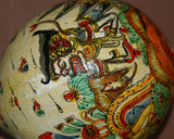 Unique Large Balinese Lime Gourd Hand painted with Wayang Kulit traditional & detailed motifs, Beautiful Kamasan Art depicting Ramayana Epic Scenes:  1G10, 11” tall. Betel habit paraphernalia. Collected in late 1900’s