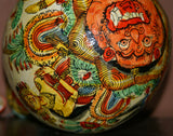 Unique Large Balinese Lime Gourd Hand painted with Wayang Kulit traditional & detailed motifs, Beautiful Kamasan Art depicting Ramayana Epic Scenes:  1G10, 11” tall. Betel habit paraphernalia. Collected in late 1900’s