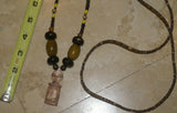 Unique Vintage Hand crafted Ethnic Amber & Glass Trade Beads, Real Pearls Necklace with Buffalo Bone Hand Carved Pendant of Protective Ancestor Effigy for Good Luck, Health & Prosperity, Borneo Kalimantan, Indonesia NECK34 + 1 Flapper Coconut necklace.