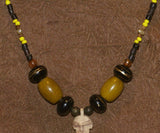 Unique Vintage Hand crafted Ethnic Amber & Glass Trade Beads, Real Pearls Necklace with Buffalo Bone Hand Carved Pendant of Protective Ancestor Effigy for Good Luck, Health & Prosperity, Borneo Kalimantan, Indonesia NECK34 + 1 Flapper Coconut necklace.