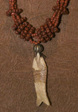 4 Strands Unique Earthtones Hand crafted Ethnic Glass Trade Beads Necklace with Buffalo Bone Hand Carved Pendant of Fish, Zodiac Pisces, Borneo Kalimantan, Indonesia NECK41