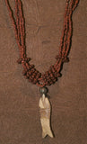 4 Strands Unique Earthtones Hand crafted Ethnic Glass Trade Beads Necklace with Buffalo Bone Hand Carved Pendant of Fish, Zodiac Pisces, Borneo Kalimantan, Indonesia NECK41