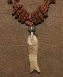 4 Strands Unique Earthtones Hand crafted Ethnic Glass Trade Beads Necklace with Buffalo Bone Hand Carved Pendant of Fish, Zodiac Pisces, Borneo Kalimantan, Indonesia NECK41