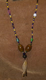 Unique Earthtones Hand crafted Ethnic Glass Trade Beads Necklace with Buffalo Bone Hand Carved Pendant of Fish, Zodiac Pisces, Borneo Kalimantan, Indonesia NECK44 + 1 Flapper Coconut necklace.