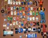 UNIQUE HUGE CUSTOM LEGO SET (1032 PCS): 41 MINIFIGURES (YEAR 1978 & ON), RACE TRACK, FINISH LINE, MULTIPLE BLEACHERS, 6 CARS, SNACK BAR, HELMET SHOP, GAS PUMP, AMBULANCE, REPORTERS, HOT DOG CART, MULTIPLE ACCESSORIES ETC... (KIT 10) 32" X 12"