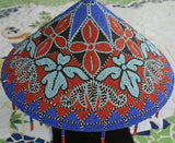 Vintage, Now Rare, Ceremonial Conical Coolie Sun Hat, Hand Beaded Minute Colorful Mosaic Motifs, Orchid, Leaves &  Lotus Flowers, Nassa Shells: 161A4, Collected in Sumatra, 1980’s but Older. Bride Price, Currency. 21” Tall Display Stand Included.