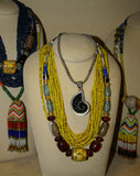 Rare Tribal Ethnic Dayak Iban Tribe Talisman Necklace: Antique Hand Crafted Magical Lukut Sekala , Old Trade Glass Beads, Amber beads, Buffalo Bone Hand Etched Beads, Shells, Chinese Coins, collected in 1980’s Borneo Aristocrat Owner, Indonesia. NB4