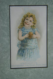 EPHEMERA AMERICANA WHIMSICAL ART: 1880's FRAMED VICTORIAN TRADE CARD: DOUGHERTY'S NEW ENGLAND CONDENSED MINCE MEAT, LITTLE GIRL IN BLUE DRESS (DFPO1C) VINTAGE HAND PAINTED FRAME DESIGNER COLLECTOR COLLECTIBLE WALL DÉCOR UNIQUE