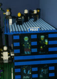 HUGE CUSTOM LEGO SET 32" x 12" x 15": THE ULTIMATE YEAR ROUND CHRISTMAS VILLAGE (2136 PCS) WITH 81 MINIFIGURES & 4 BUILDINGS, POLICE STATION, INDOOR POOL, OFFICES, WAREHOUSE, APTS, CARS, MOTOCYCLES, GARDENS, SANTAS & ACCESSORIES (KIT 27)