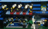 HUGE CUSTOM LEGO SET 32" x 12" x 15": THE ULTIMATE YEAR ROUND CHRISTMAS VILLAGE (2136 PCS) WITH 81 MINIFIGURES & 4 BUILDINGS, POLICE STATION, INDOOR POOL, OFFICES, WAREHOUSE, APTS, CARS, MOTOCYCLES, GARDENS, SANTAS & ACCESSORIES (KIT 27)