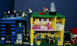 HUGE CUSTOM LEGO SET 32" x 12" x 15": THE ULTIMATE YEAR ROUND CHRISTMAS VILLAGE (2136 PCS) WITH 81 MINIFIGURES & 4 BUILDINGS, POLICE STATION, INDOOR POOL, OFFICES, WAREHOUSE, APTS, CARS, MOTOCYCLES, GARDENS, SANTAS & ACCESSORIES (KIT 27)