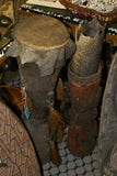 Rare One of a Kind Bigman Tribal Older Wood Kundu Hourglass Hand Held Drum, Hand Carved Percussion Instrument with Dried Palm Tassels decorations, original monitor skin, Huon Gulf, Eastern New Guinea 1980's, Melanesia 42A6