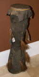 Rare One of a Kind Bigman Tribal Older Wood Kundu Hourglass Hand Held Drum, Hand Carved Percussion Instrument with Dried Palm Tassels decorations, original monitor skin, Huon Gulf, Eastern New Guinea 1980's, Melanesia 42A6