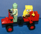 LEGO CUSTOM BUILD (25 PCS) PLUS 2 NOW RARE RETIRED MINIFIGURES: SPONGEBOB 4981, SQUIDWARD 3827 RIDING THEIR CUSTOM MOBILE TRAIN CARRIAGE WITH ADJUSTABLE WHEEL (KIT 35)