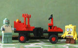 LEGO CUSTOM BUILD (25 PCS) PLUS 2 NOW RARE RETIRED MINIFIGURES: SPONGEBOB 4981, SQUIDWARD 3827 RIDING THEIR CUSTOM MOBILE TRAIN CARRIAGE WITH ADJUSTABLE WHEEL (KIT 35)