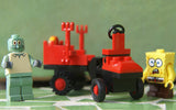 LEGO CUSTOM BUILD (25 PCS) PLUS 2 NOW RARE RETIRED MINIFIGURES: SPONGEBOB 4981, SQUIDWARD 3827 RIDING THEIR CUSTOM MOBILE TRAIN CARRIAGE WITH ADJUSTABLE WHEEL (KIT 35)