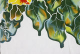 HIGH QUALITY HAND PAINTED TEXTILE FABRIC HALF SARONG OR BEACH SKIRT, SUMMER TABLE RUNNER, SIGNED BY THE ARTIST: DETAILED MOTIFS OF BLOOMING HIBISCUS ON WHITE BACKGROUND, RICH COLORS 74" x 23" (no SC14)