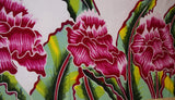 SOLD OUT: HIGH QUALITY HAND PAINTED TEXTILE FABRIC HALF SARONG OR BEACH SKIRT SIGNED BY THE ARTIST: DETAILED MOTIFS OF BLOOMING DOUBLE HIBISCUS, RICH COLORS 74" x 23" (no SC9)