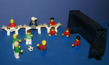 10 NOW VERY RARE RETIRED LEGO SOCCER PLAYER MINIFIGURES: SOC016, SOC002, SOC028, SOC087, SOC088, SOC089, SOC089, SOC090, SOC119, SOC118S, SOC098 & SOCCER BALL, GOAL NET, 3 BENCHES (KIT 59) YEARS 1979 TO 1980
