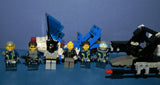 LEGO GREY BATMAN (NEW BLUE CAPE IN BOX) VS AGENTS:  6 MINIFIGURES (BATMAN, JET "AIR" PILOT, AGENTS, CHARGE, CHASE ETC...)  AGT025, AGT020A, AGT001A,  AIR019 PLUS  2 CUSTOM BUILDS: BOAT, JET PLANE & ACCESSORIES (145 PCS) KIT 60