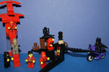 NOW RARE RETIRED LEGO BATMAN & NINJA MINIFIGURES  (YEARS 1998-2009) (1 BATMAN AND 6 NINJAS) PLUS 3 CUSTOM BUILDS: WATCH TOWER, GUARD GATE AND MOTORCYCLE (113pcs) KIT SET ITEM 64