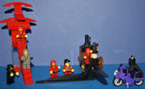 NOW RARE RETIRED LEGO BATMAN & NINJA MINIFIGURES  (YEARS 1998-2009) (1 BATMAN AND 6 NINJAS) PLUS 3 CUSTOM BUILDS: WATCH TOWER, GUARD GATE AND MOTORCYCLE (113pcs) KIT SET ITEM 64
