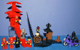 NOW RARE RETIRED LEGO BATMAN & NINJA MINIFIGURES  (YEARS 1998-2009) (1 BATMAN AND 6 NINJAS) PLUS 3 CUSTOM BUILDS: WATCH TOWER, GUARD GATE AND MOTORCYCLE (113pcs) KIT SET ITEM 64