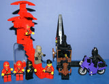 NOW RARE RETIRED LEGO BATMAN & NINJA MINIFIGURES  (YEARS 1998-2009) (1 BATMAN AND 6 NINJAS) PLUS 3 CUSTOM BUILDS: WATCH TOWER, GUARD GATE AND MOTORCYCLE (113pcs) KIT SET ITEM 64