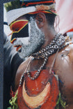 RARE UNIQUE AUTHENTIC COLORFUL FOLK ART PAINTING PANGA TRIBE WARRIOR FROM PAPUA NEW GUINEA ARTIST FRAMED IN SIGNED HAND PAINTED FRAME TO MATCH THE ART WITHIN 33” X 24 ½” DFP4 DESIGNER COLLECTOR WALL ART