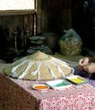 Vintage, Now Rare, Ceremonial Conical Coolie Sun Hat, Hand Beaded Minute Colorful Mosaic Motifs, Orchid, Leaves &  Lotus Flowers, Nassa Shells: 161A4, Collected in Sumatra, 1980’s but Older. Bride Price, Currency. 21” Tall Display Stand Included.