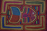 Kuna Indian Folk Art Mola Blouse Panel from San Blas Islands, Panama. Hand-stitched Applique: Parrot Fish In Maze 17" x 13" (50A)